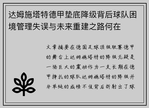 达姆施塔特德甲垫底降级背后球队困境管理失误与未来重建之路何在