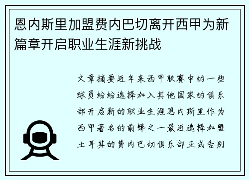 恩内斯里加盟费内巴切离开西甲为新篇章开启职业生涯新挑战