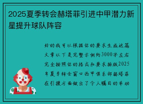 2025夏季转会赫塔菲引进中甲潜力新星提升球队阵容